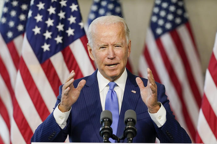 Democratic presidential nominee Joe Biden speaks at the National Constitution Center in Philadelphia on Sunday about the Supreme Court following Justice Ruth Bader Ginsburg's death.