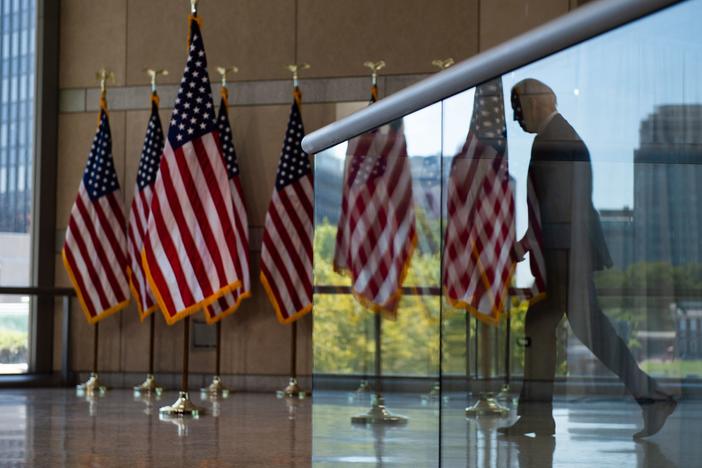 Democratic presidential nominee Joe Biden leaves after speaking Sunday at the National Constitution Center in Philadelphia.