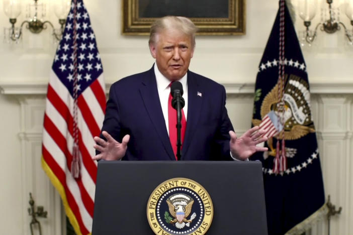 President Trump speaks in a prerecorded message played Tuesday during the 75th session of the U.N. General Assembly.