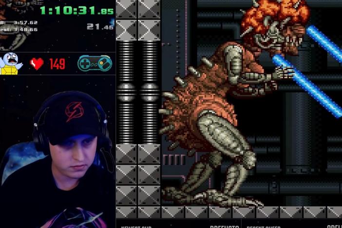 Chris Tomkinson — known online as ShinyZeni — streaming a speedrun of <em>Super Metroid</em>.