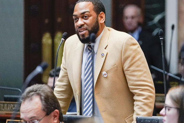 Kentucky Democratic State Sen. Charles Booker advocates for the passage of Kentucky HB-12 on the floor of the House of Representatives in the State Capitol, Frankfort, Ky., on  Feb. 19, 2020.