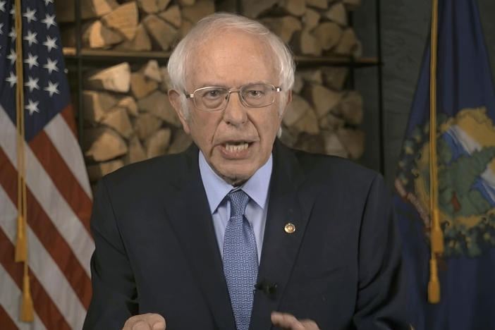 In this image from video, Sen. Bernie Sanders, I-Vt., speaks during the first night of the Democratic National Convention.