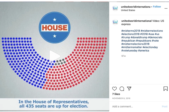 A screenshot of an Instagram post Facebook linked to Russia's Internet Research Agency. United World International was a phony website created by the Russian operation and promoted on social media.