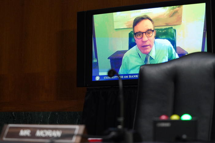 Sen. Mark Warner (D-VA) during the Senate's Committee on Banking, Housing, and Urban Affairs hearing examining the quarterly CARES Act report to Congress on September 24, 2020 in Washington, DC.