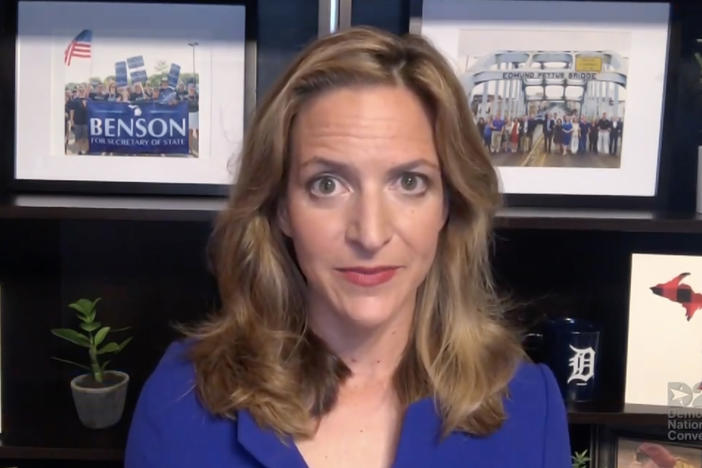 Michigan Secretary of State Jocelyn Benson addresses the virtual Democratic National Convention on August 20. The convention, which was once expected to draw 50,000 people to Milwaukee, Wisconsin, is now taking place virtually due to the coronavirus pandemic.
