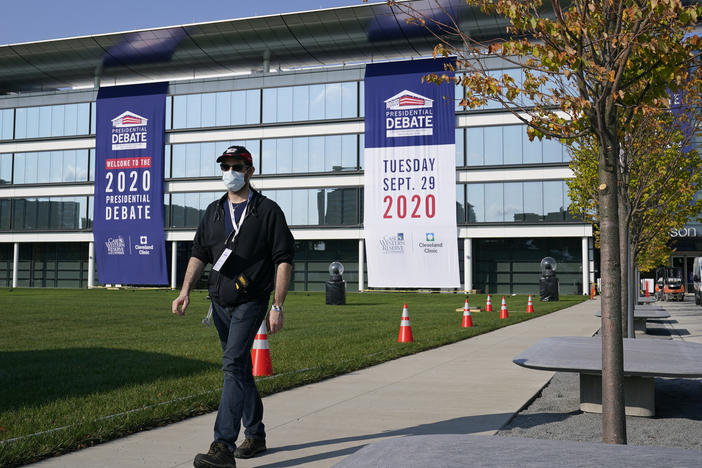 Preparations take place on Sunday outside the Sheila and Eric Samson Pavilion in Cleveland ahead of the first presidential debate, scheduled for Tuesday.