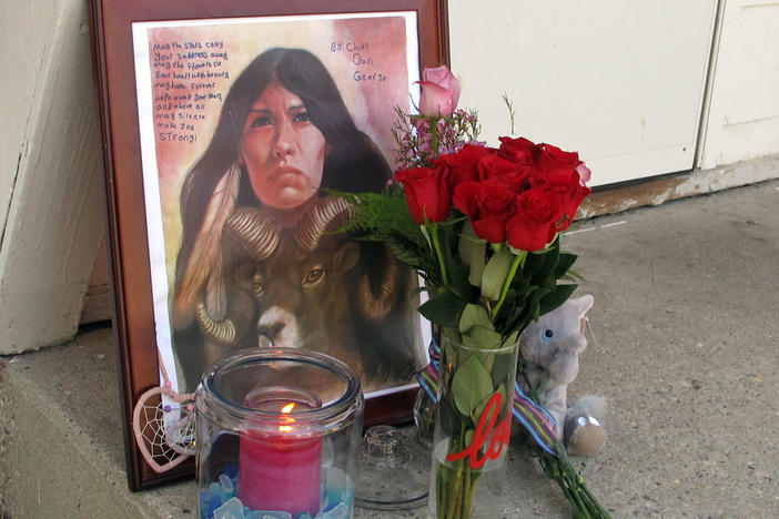 A memorial to Savanna LaFontaine-Greywind outside the apartment where Greywind lived with her parents in Fargo, N.D., pictured in 2017. Savanna's Act requires the Department of Justice to strengthen training, coordination and data collection in cases of murdered or missing Native Americans.