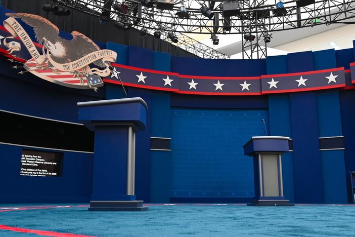 The stage of the first presidential debate, in Cleveland. Tuesday's debate between President Trump and Democratic nominee Joe Biden will be the first of three 90-minute debates between the two.