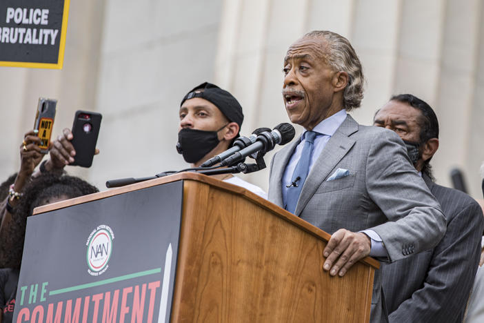 Rev. Al Sharpton speaks at the 2020 March on Washington, officially known as the Commitment March: Get Your Knee Off Our Necks, at the Lincoln Memorial on Aug. 28 in Washington.