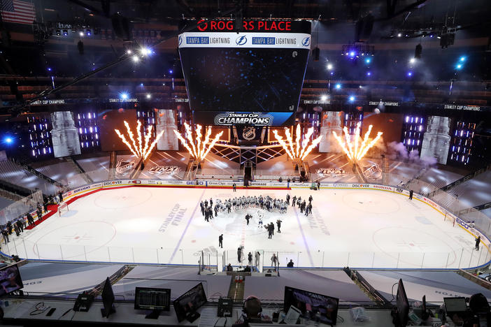 The Tampa Bay Lightning celebrate winning the Stanley Cup on Monday in Edmonton, Canada.