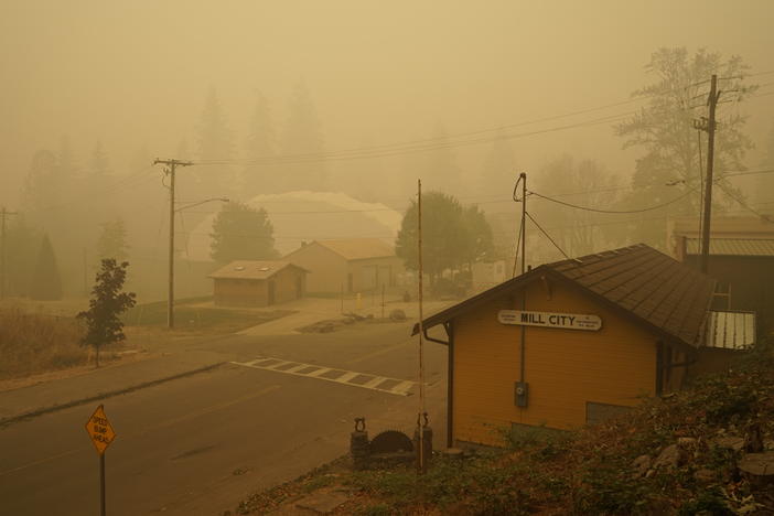 Smoke blankets Mill City, Oregon, which was evacuated for days following the nearby Beachie Creek Fire.