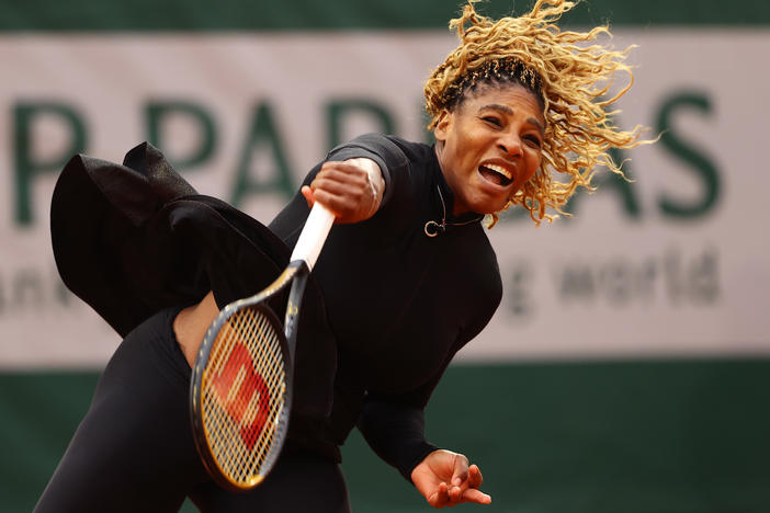 Serena Williams serves during her Women's Singles first round match against Kristie Ahn on day two of the 2020 French Open at Roland Garros on Monday in Paris, France.