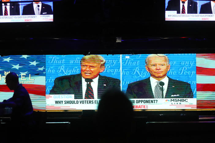 A broadcast of the first debate between President Trump and Democratic nominee Joe Biden is played on TVs at The Abbey in West Hollywood, Calif.