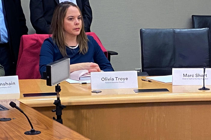 Olivia Troye, U.S. Vice President Mike Pence's top coronavirus advisor at the time, participates in a coronavirus disease briefing event with the Vice President at 3M's company headquarters in Maplewood, Minn. in March.