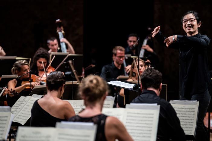 Chinese conductor Jiajing Lai performs in the first edition of La Maestra, an international competition for women conductors, held at the Philharmonie de Paris this September.