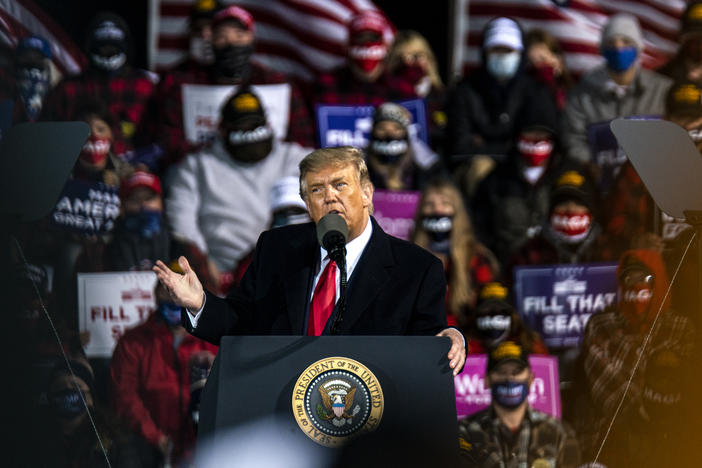 Trump speaks during a campaign rally at the Duluth International Airport on Sept. 30, 2020 in Duluth, Minn.