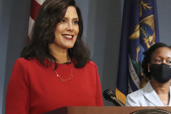 Michigan's Supreme Court ruled Friday that Democratic Gov. Gretchen Whitmer (pictured here on Sept. 16) does not have the authority to extend a state of emergency past April 30. Whitmer had cited two state laws that allowed her to maintain the state's coronavirus measures via executive order.