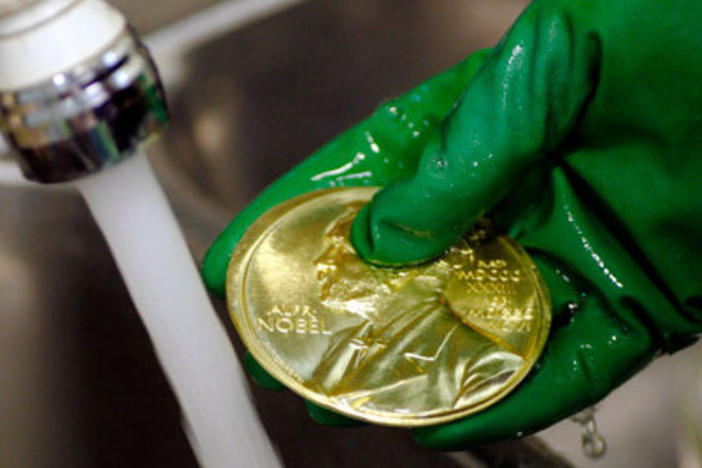 A Nobel Prize gold medal seen during the manufacturing process in the Swedish Mint. The medals, presented to each laureate, are made of 18 karat recycled gold and weigh 175 grams (6.13 ounces). The economics medal weighs 185 grams (6.48 ounces).