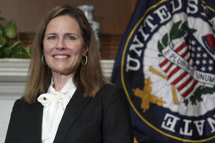 Judge Amy Coney Barrett, President Trump's nominee for the U.S. Supreme Court, meets with legislators last week on Capitol Hill.