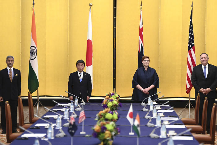 Indian Minister of External Affairs Subrahmanyam Jaishankar (from left), Japanese Foreign Minister Toshimitsu Motegi, Australian Foreign Minister Marise Payne and Secretary of State Mike Pompeo attend a meeting Tuesday in Tokyo.