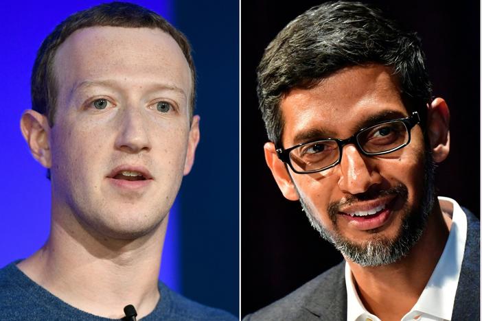 Facebook CEO Mark Zuckerberg (from left), Google CEO Sundar Pichai, Apple CEO Tim Cook and Amazon CEO Jeff Bezos have been in the spotlight over the market power that their giant companies have.