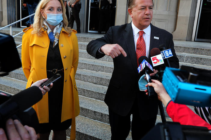 "The government chooses to persecute us for doing no more than exercising our right to defend ourselves, our home, our property and our family," said Mark McCloskey, alongside his wife Patricia on Tuesday outside the Carnahan Courthouse.