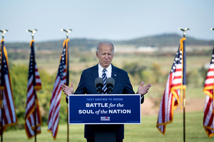Democratic presidential nominee Joe Biden speaks Tuesday at the Lodges in Gettysburg, Pa.