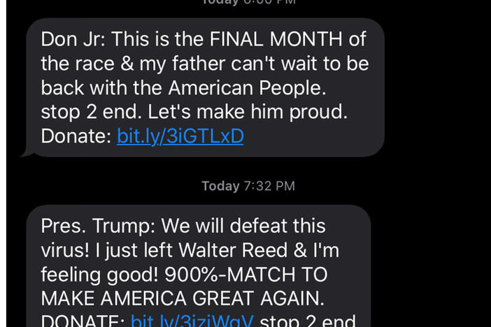 A compilation of screenshots of text messages sent by President Trump's campaign to Jennifer Stromer-Galley, a professor at Syracuse University.
