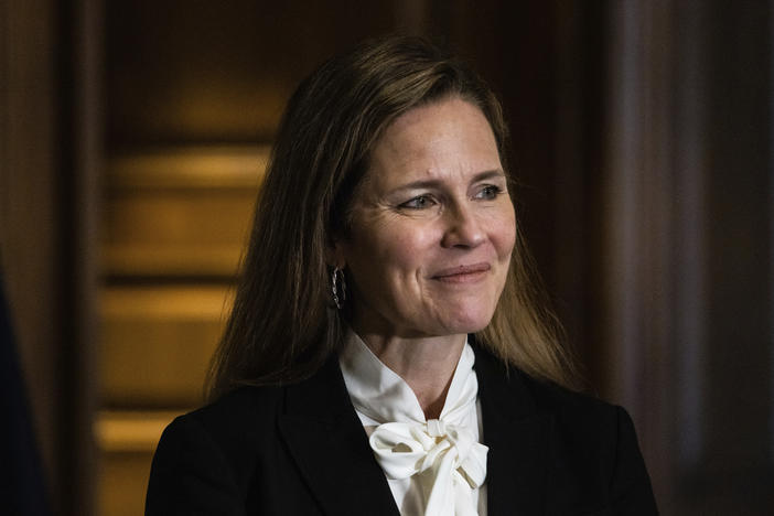 Judge Amy Coney Barrett, President Trump's nominee for the U.S. Supreme Court, meets with Sen. Deb Fischer, R-Neb., on Capitol Hill ahead of her confirmation hearings.