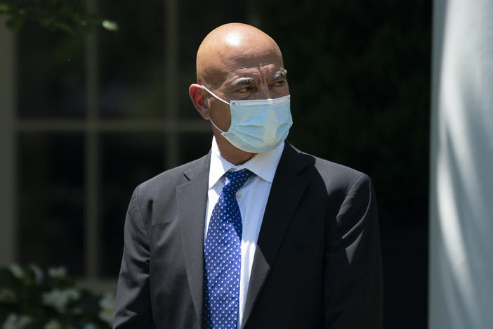Operation Warp Speed's Moncef Slaoui, seen here at the White House in May, says clinical trials of experimental COVID-19 vaccines will soon reveal if they work. Meanwhile, manufacture of the vaccines is picking up speed.