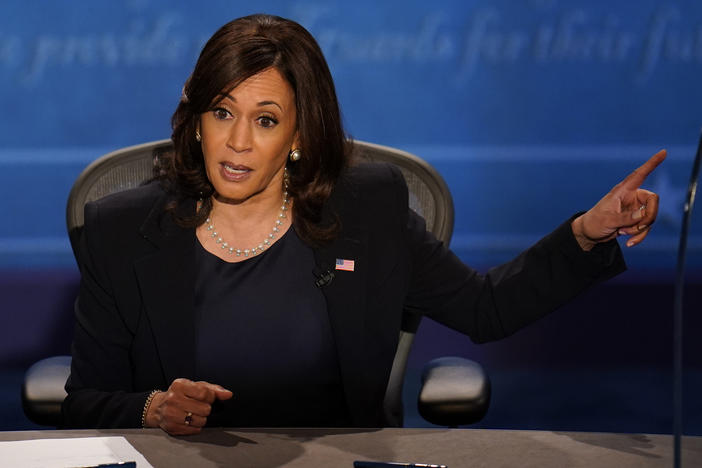 Democratic vice presidential candidate Sen. Kamala Harris responds to Vice President Pence during Wednesday's debate in Salt Lake City.