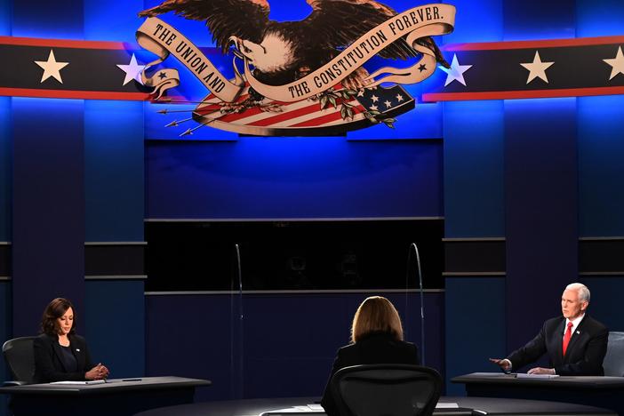 Vice President Pence speaks during the vice presidential debate with Democratic vice presidential nominee Sen. Kamala Harris, D-Calif., at the University of Utah in Salt Lake City on Wednesday.