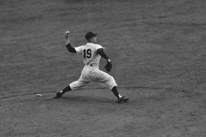 Ed "Whitey" Ford, New York Yankees, pitching in the fourth game of the World Series against the Philadelphia Phillies in Oct.1950.