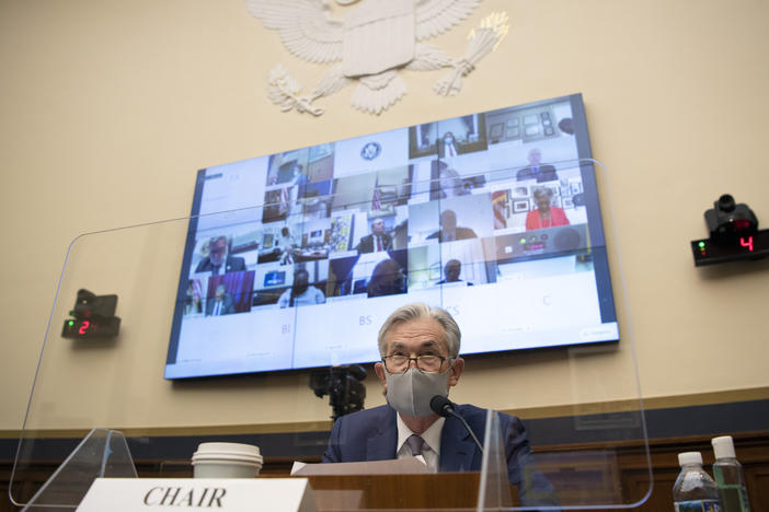 Federal Reserve Chair Jerome Powell testifies before the House Financial Services Committee at the U.S. Capitol last month during a hearing about the Treasury Department's and Federal Reserve's pandemic response.