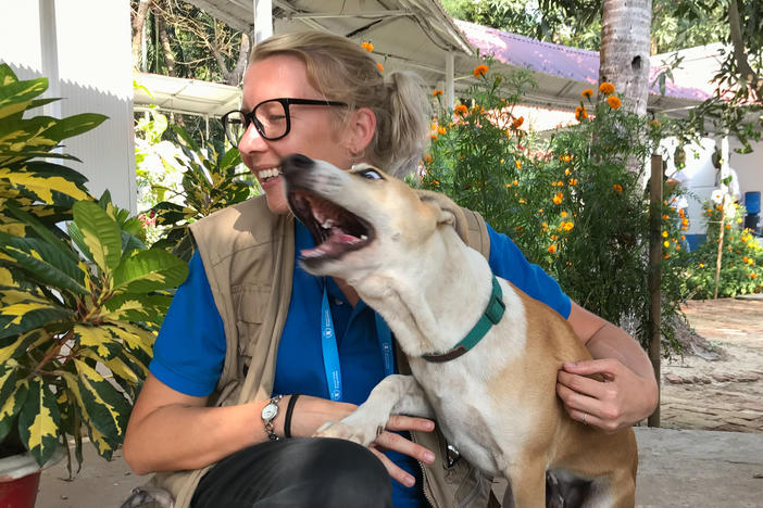 Foxtrot and Gemma Snowdon of the U.N. World Food Programme, who rescued the pooch as a 4-week-old puppy. Foxtrot's reaction to the Nobel Peace Prize: "Woweee."