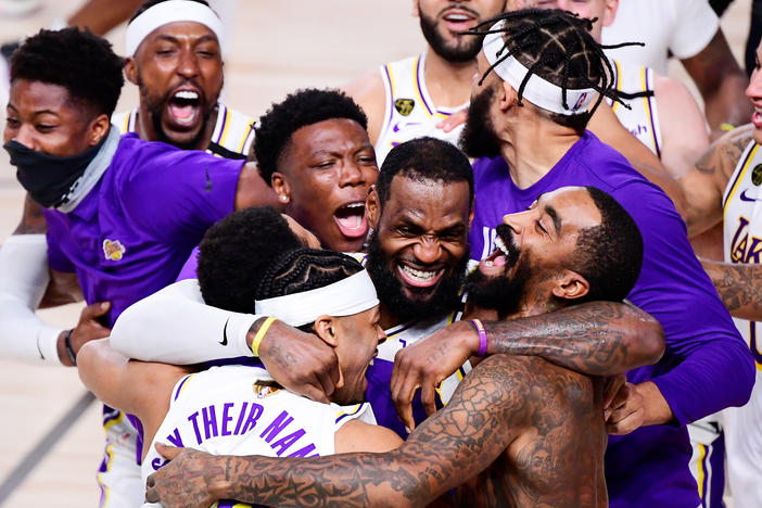 The Los Angeles Lakers celebrate after winning the 2020 NBA Championship in Game Six on Sunday in Lake Buena Vista, Fla.
