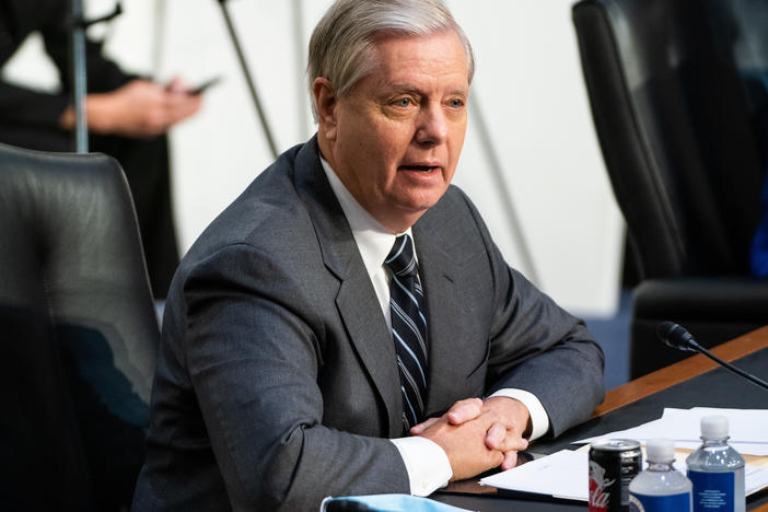 Senate Judiciary Chairman Sen. Lindsey Graham, R-S.C., speaks on the first day of Amy Coney Barrett's Supreme Court confirmation hearing on Capitol Hill on Monday. Graham defended the Republican effort to move swiftly on Barrett's confirmation.
