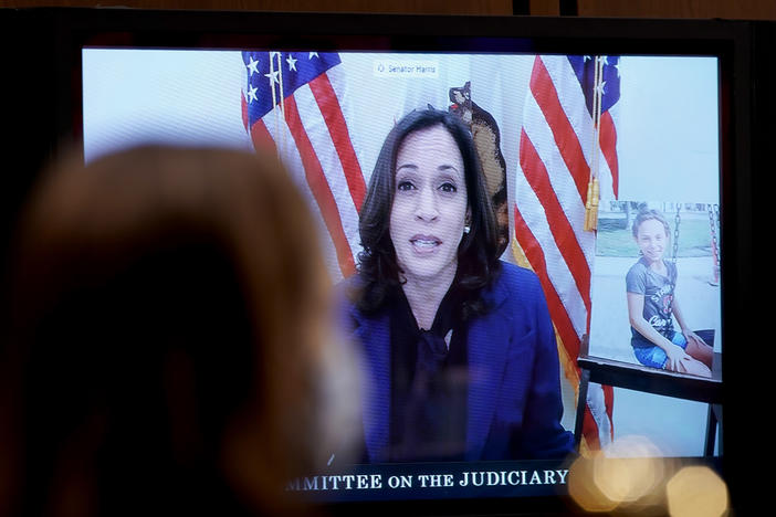 Sen. Kamala Harris, D-Calif., gives her opening remarks virtually during Amy Coney Barrett's Senate Judiciary Committee confirmation hearing on Monday.