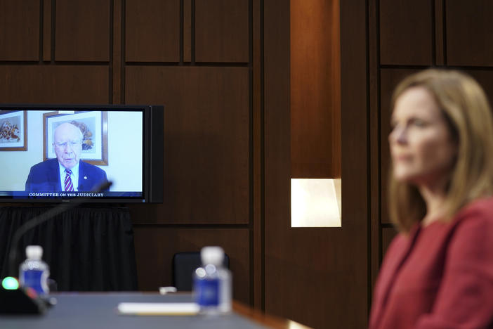 Sen. Patrick Leahy, D-Vt., speaks via videoconference during Amy Coney Barrett's Supreme Court confirmation hearing on Tuesday.