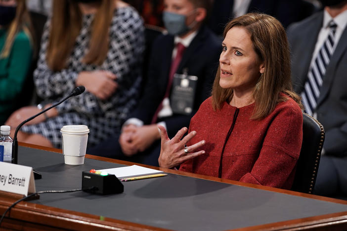 President Trump's Supreme Court nominee Judge Amy Coney Barrett testifies during the second day of her Senate Judiciary confirmation hearing on Tuesday.