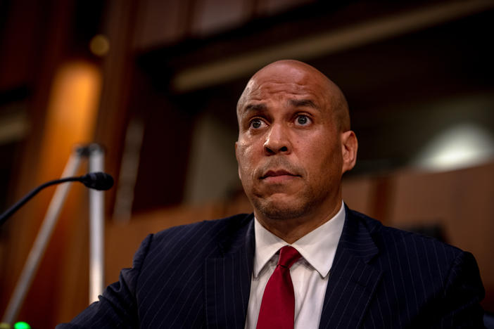 Sen. Cory Booker, D-N.J., attends the second day of the Senate Judiciary Committee confirmation hearing for Supreme Court nominee Judge Amy Coney Barrett on Tuesday in Washington, D.C. (Hilary Swift-Pool/Getty Images)
