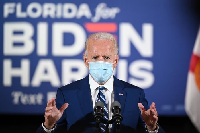 Democratic presidential candidate Joe Biden, pictured in Fort Lauderdale, Fla., on Tuesday, is leading against President Trump in the latest NPR/<em>PBS NewsHour</em>/Marist poll.