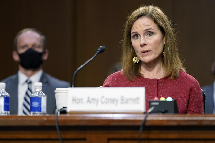 Supreme Court nominee Amy Coney Barrett speaks during a confirmation hearing before the Senate Judiciary Committee on Tuesday.