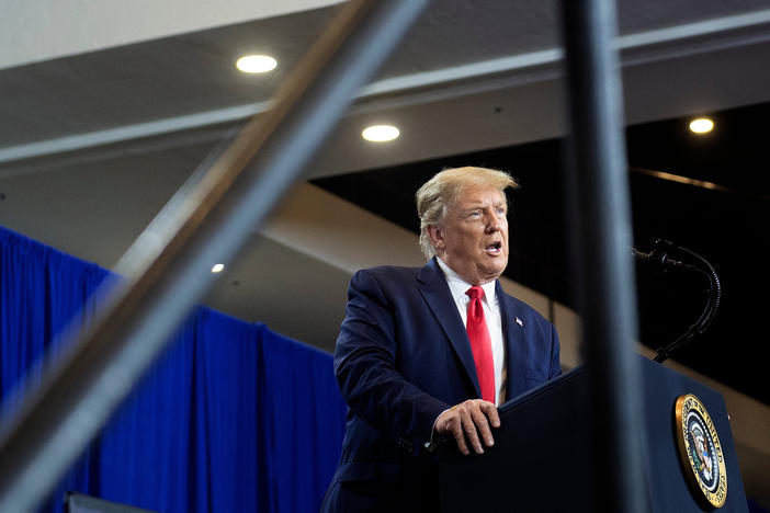 President Trump announced a partnership with two national pharmacy chains to administer coronavirus vaccines to nursing homes at an event in Fort Myers, Fla.
