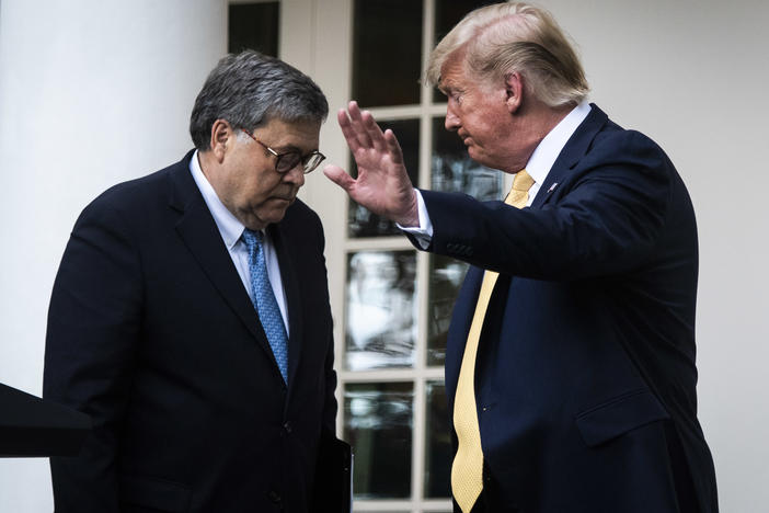 President Trump and U.S. Attorney General William Barr leave after delivering remarks on the 2020 census in the White House Rose Garden in 2019 in Washington, D.C.