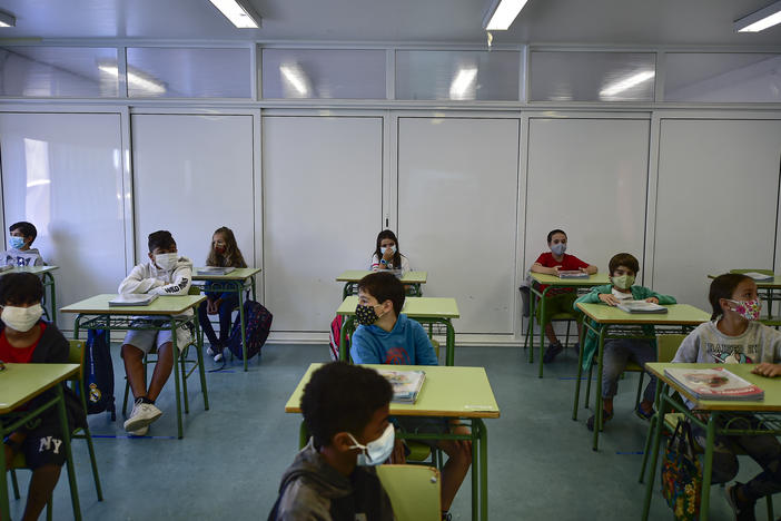 Students attend the first day of school in the small town of Labastida, Spain, on Sept. 8. A recent study found no link between coronavirus spikes and school reopenings in the country.