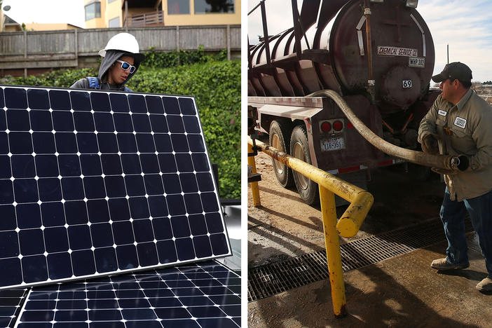 Left: Luminalt employee Pam Quan installs solar panels on the roof of a home in San Francisco in 2018. Right: An oilfield worker fills his truck with water before heading to a drilling site in the Permian Basin oil field in Andrews, Texas, in 2016.