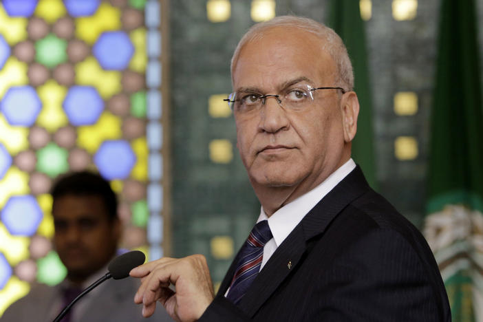 Chief Palestinian negotiator Saeb Erekat seen at a 2014 press conference at the Arab League headquarters in Cairo, Egypt.