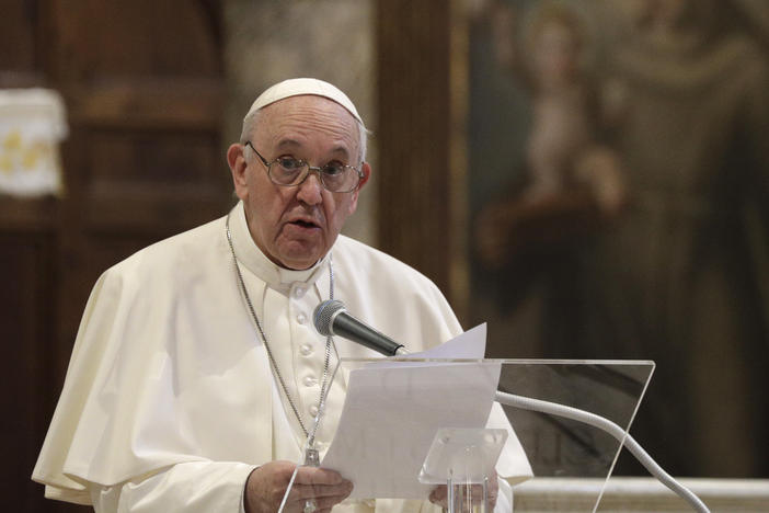 Pope Francis attends a interreligious ceremony for peace Tuesday in the Basilica of Santa Maria in Aracoeli in Rome.