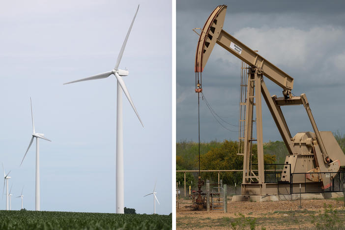 Wind turbines near Dwight, Ill. and a pump jack in Cotulla, Texas. The presidential candidates have opposing views on the future of U.S. energy.